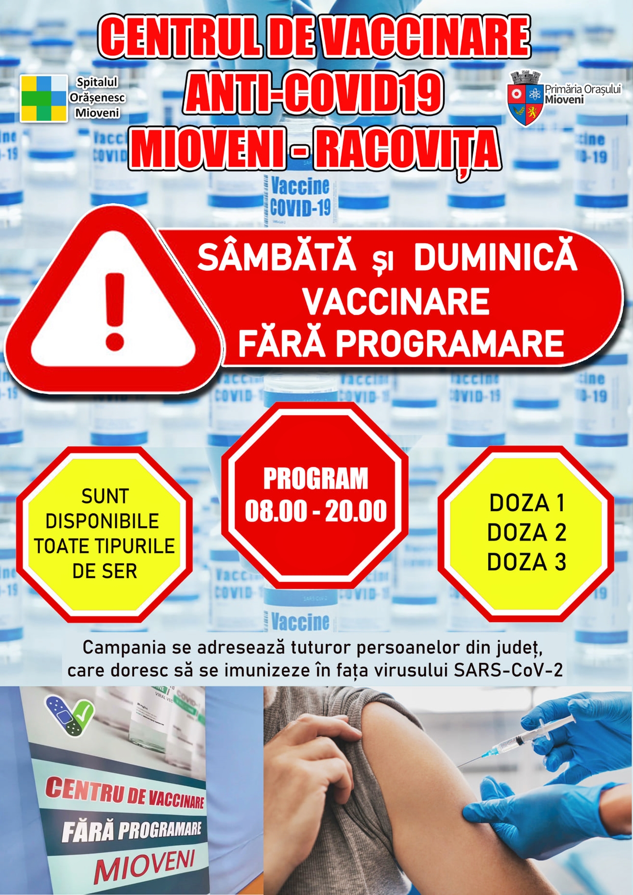 Campanie de vaccinare fără programare la Mioveni, în acest weekend, inclusiv doza 3!