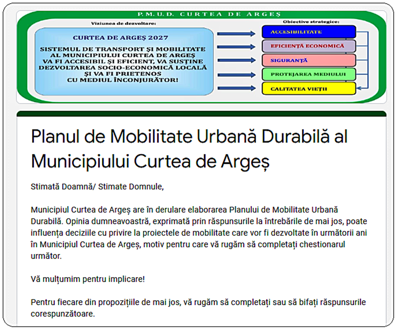 Primăria Municipiului Curtea de Argeș: „Implică-te și completează chestionarul pentru elaborarea Planului de Mobilitate Urbană Durabilă!”