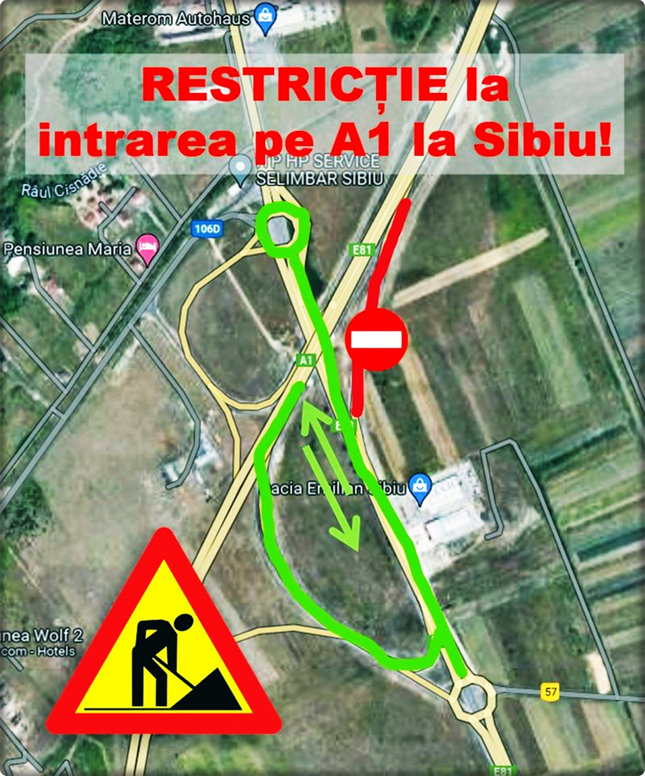 DRDP Brașov: RESTRICȚIE de circulație la intrarea pe Autostrada A1 de pe DN1, în zona nodului Șelimbăr, în județul Sibiu!